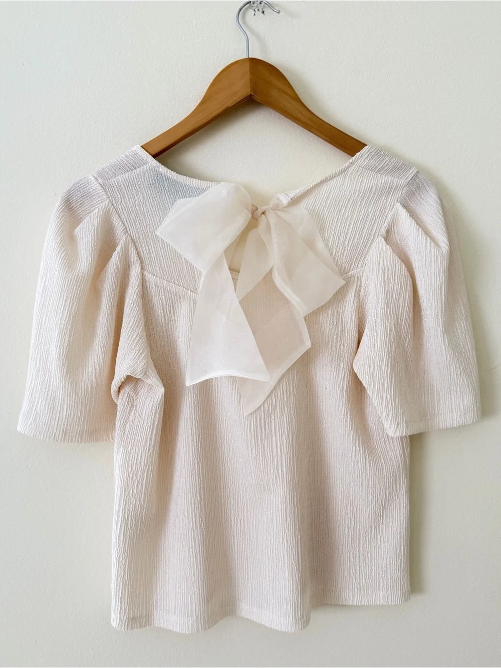 Like New Anthropologie Cream Textured Square-Neck Puff Sleeve Top